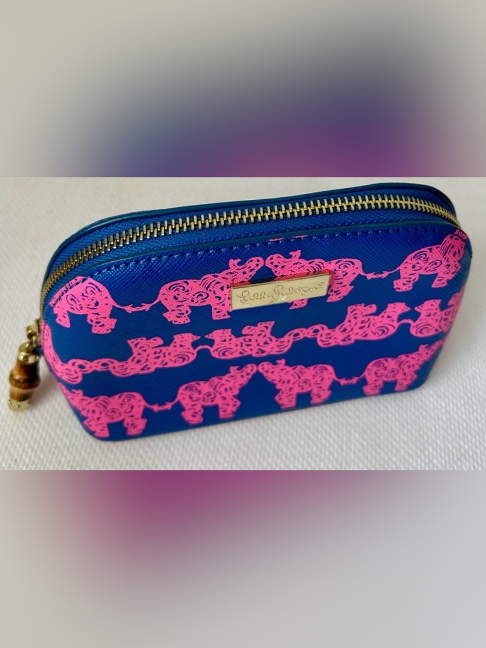 Lily Pulitzer Zipper Case Pink Elephant Blue Bamboo Pull 7.5 x 5 x 3.5 - Picture 3 of 5